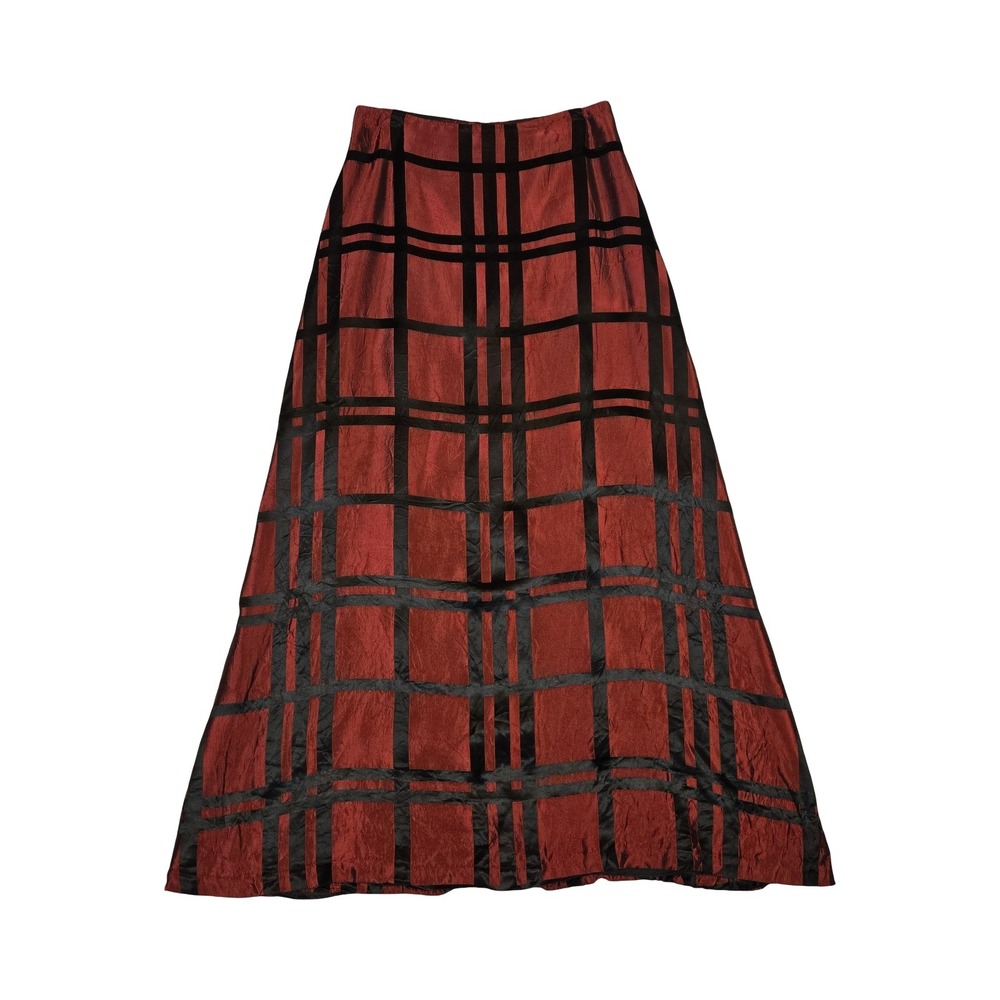 VTG y2k Whimsigoth Grunge Red Plaid Maxi Skirt Crinkle Satin Taffeta / SM 6/8
